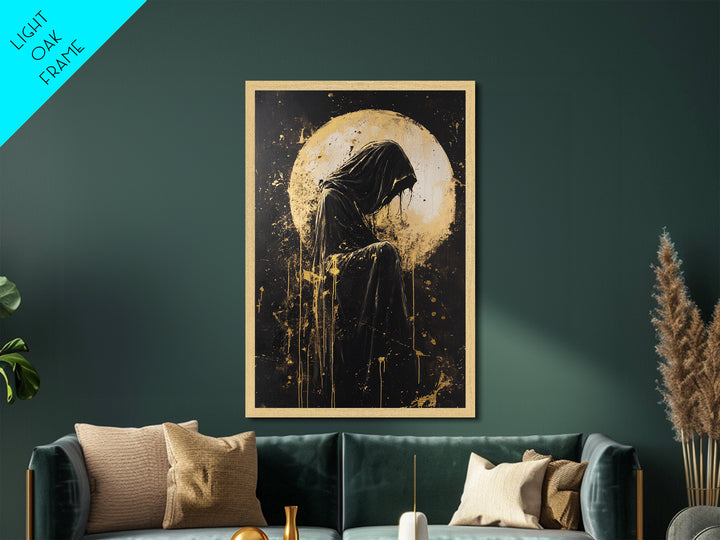 Grim Reaper Metallic Gold Art, Haunted Dark Hooded Figure Metal Art for Spooky Season, framed with natural real wood design