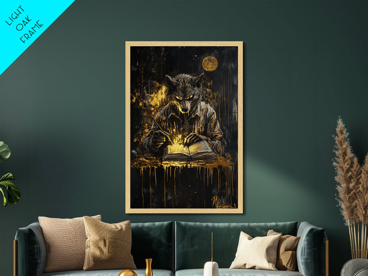 Werewolf Halloween Metallic Gold Art, Spooky Wolf Writing Spellbook Metal Art, glowing horror décor with real wood frame accent