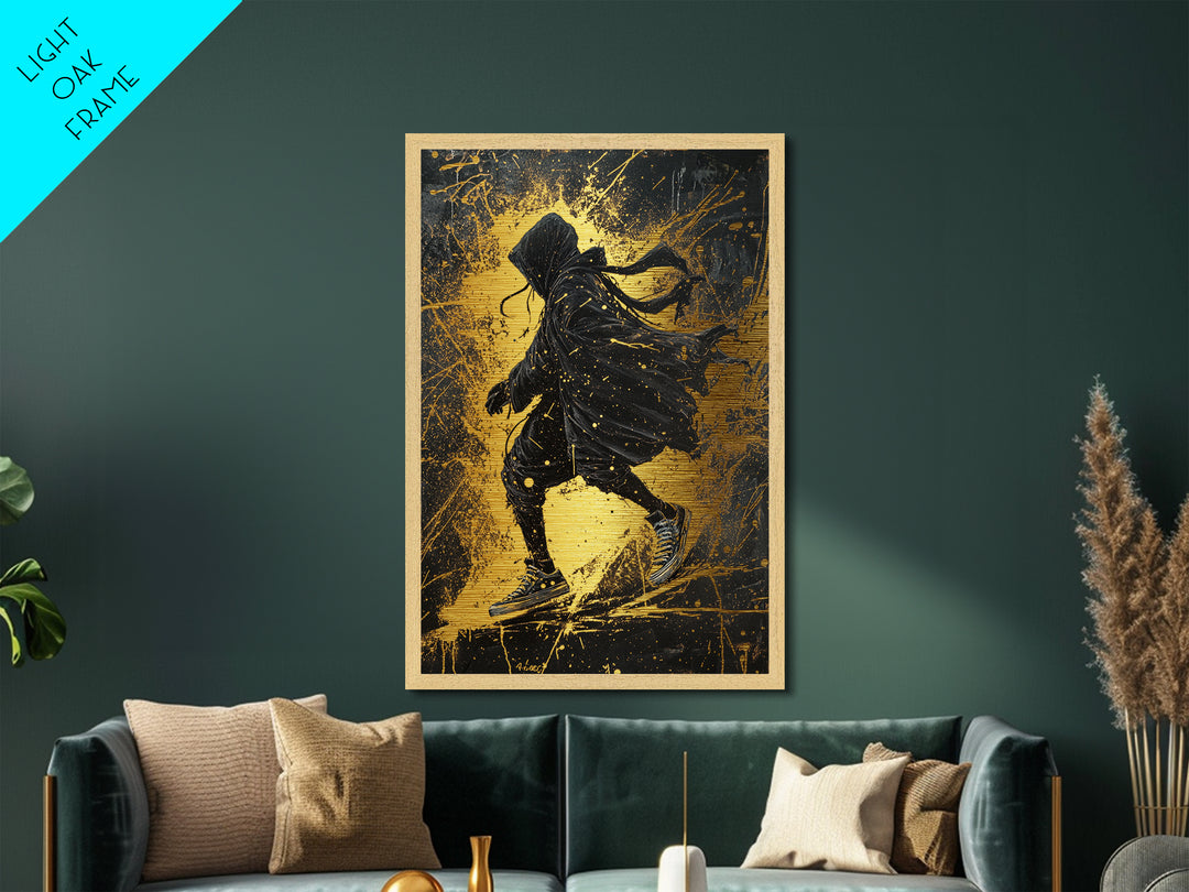 Dark Wanderer Metallic Gold Art, Creepy Hooded Skater Metal Art with Gothic Splatter Style, framed in rustic real wood for Halloween