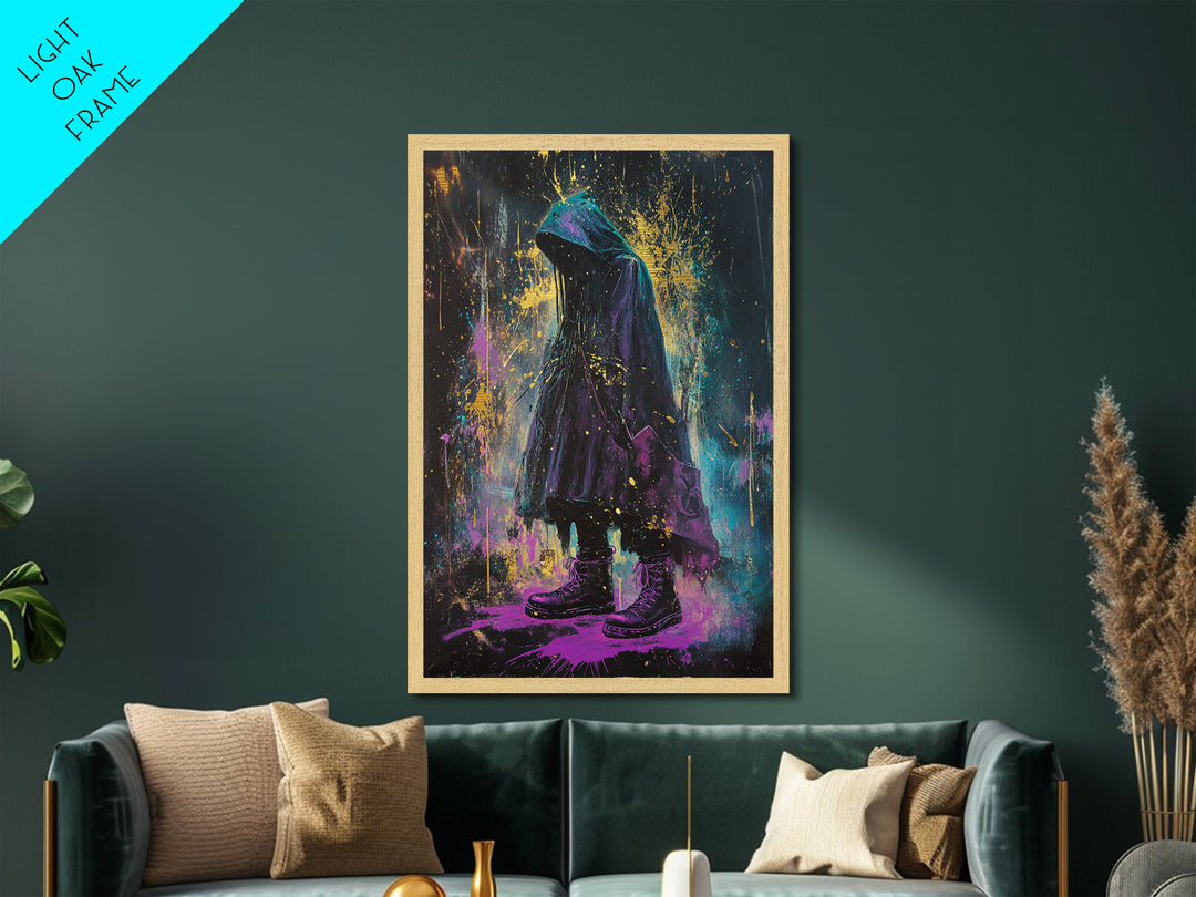Witchy Hooded Figure Metallic Gold Art, Gothic Halloween Metal Art in Purple and Gold Splatter, real wood frame handmade design