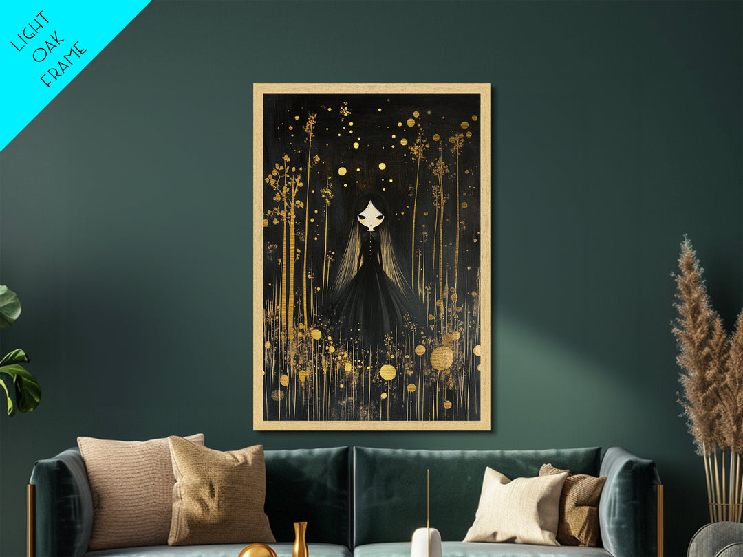 Spooky Cute Girl Metallic Gold Art, Creepy Halloween Witchy Doll Metal Art with Gold Forest Background, set in real wood frame