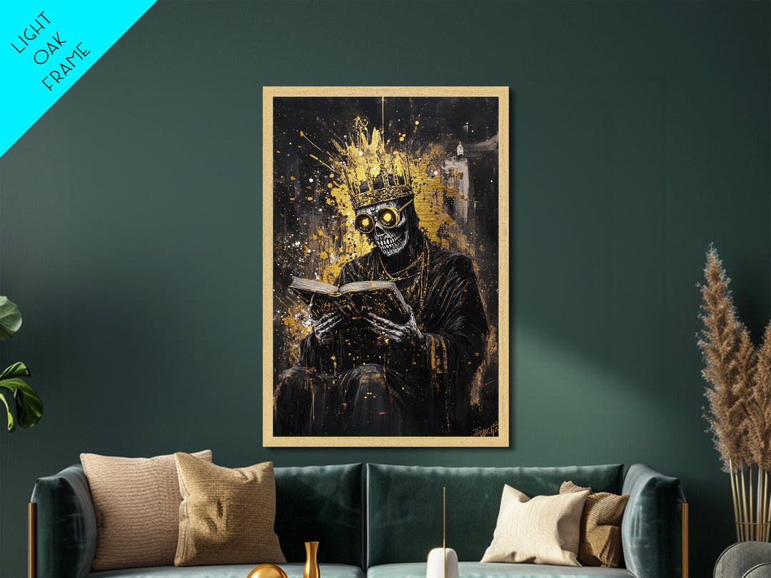 Haunted King Skeleton Metallic Gold Art, Gothic Crowned Figure Metal Art with Horror Style, framed in premium real wood décor