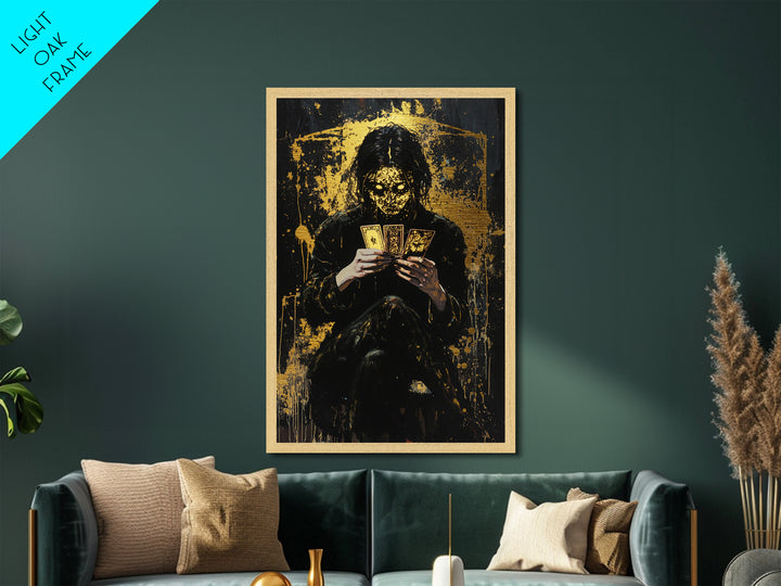 Tarot Witch Metallic Gold Art, Creepy Spooky Season Metal Art with Haunted Masked Fortune Teller, natural real wood frame finish