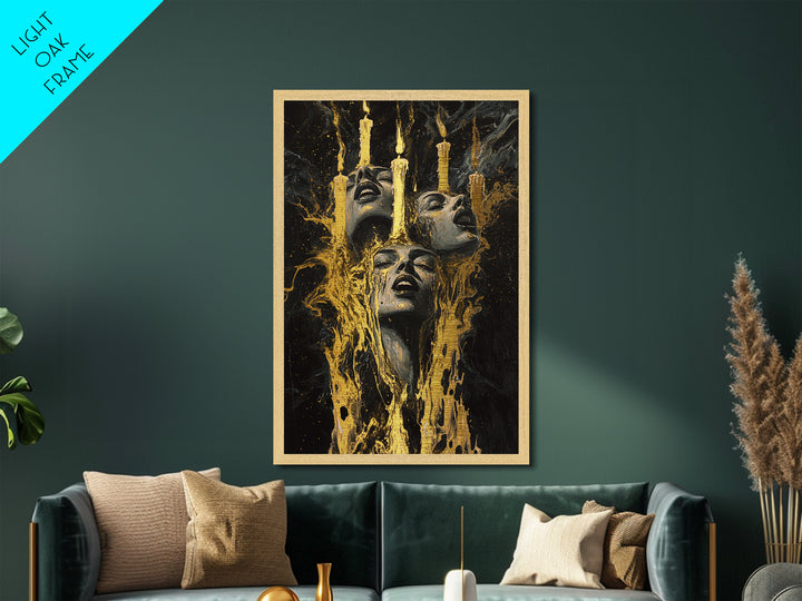 Haunted Candle Gothic Faces Metallic Gold Art, Spooky Season Horror Metal Art Wall Decor, framed in natural real wood