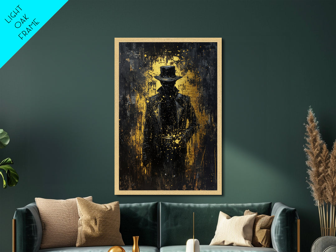 Dark Cowboy Horror Silhouette Metallic Gold Art, Spooky Season Creepy Western Metal Art, with real wood frame display
