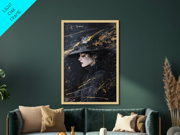 Witchy Woman Profile Metallic Gold Art, Gothic Spooky Season Metal Art Portrait, handcrafted and framed in real wood