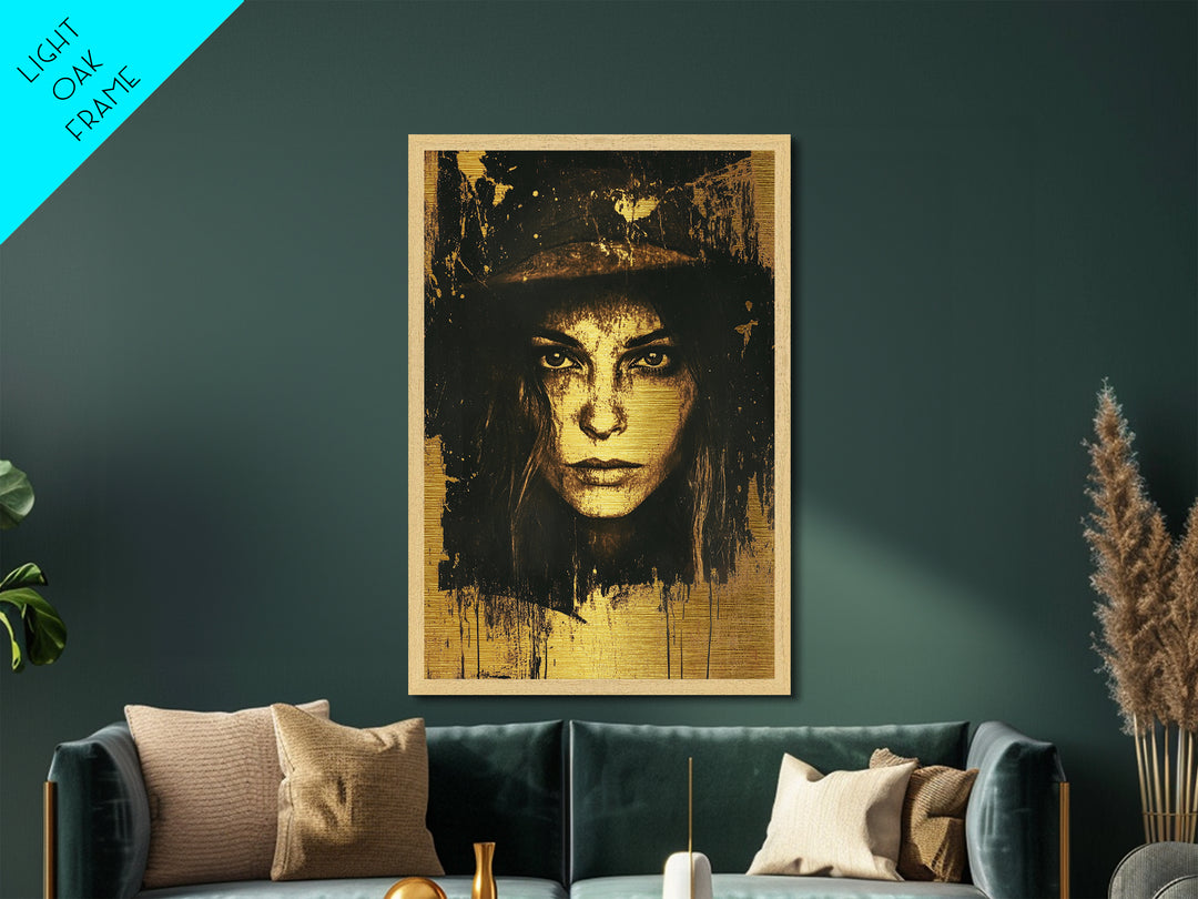 Creepy Sepia Horror Portrait Metallic Gold Art, Spooky Gothic Woman Face Metal Art Wall Decor, in solid real wood frame