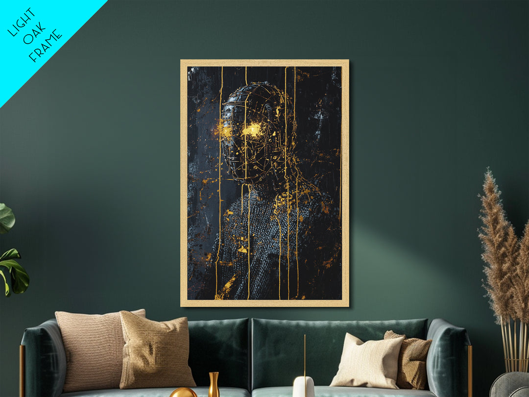 Cyber Horror Mask Metallic Gold Art, Creepy Halloween Techno Gothic Metal Art Portrait, framed with natural real wood