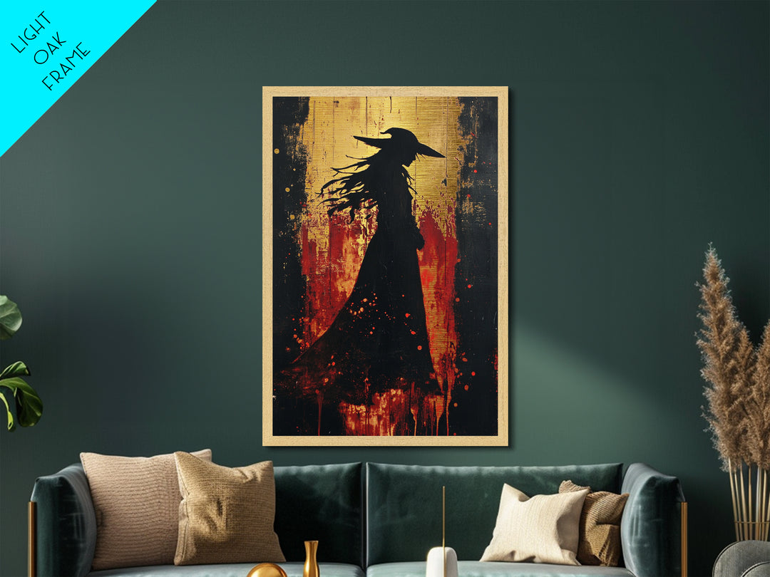 Witch Silhouette Blood Red Metallic Gold Art, Spooky Season Gothic Metal Art Painting, Halloween wall decor with wood frame