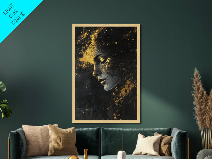 Ethereal Haunted Face Metallic Gold Art, Spooky Season Gothic Glow Metal Art Portrait, crafted and framed in real wood