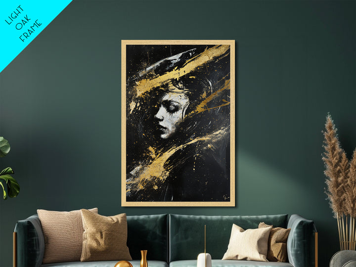 Abstract Haunted Portrait Metallic Gold Art, Gothic Spooky Season Metal Art Face Painting, framed in rustic real wood