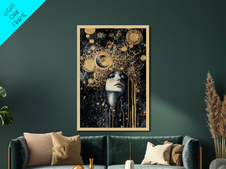 Celestial Gothic Queen Metallic Gold Art, Spooky Season Witchy Cosmic Metal Art, Halloween horror decor in real wood frame