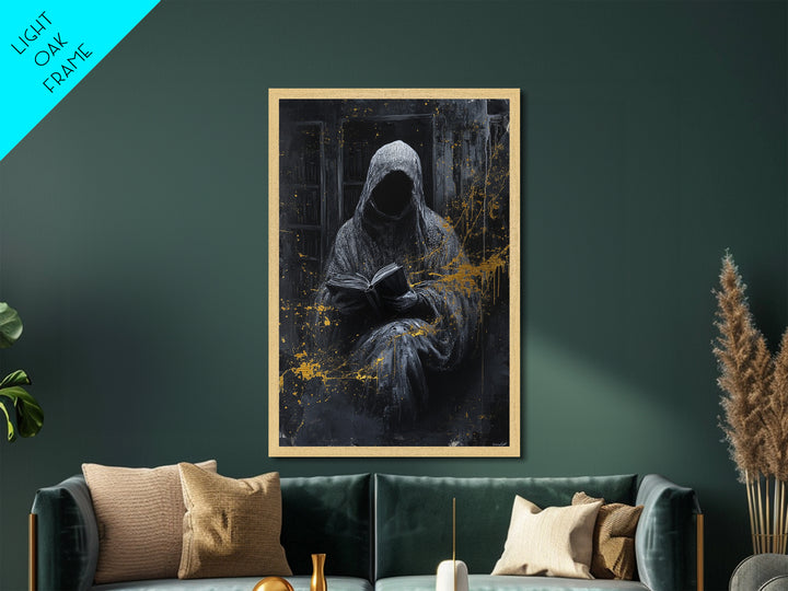 Hooded Grim Reader Metallic Gold Art, Haunted Spooky Season Horror Metal Art Wall Decor, with natural wood frame finish
