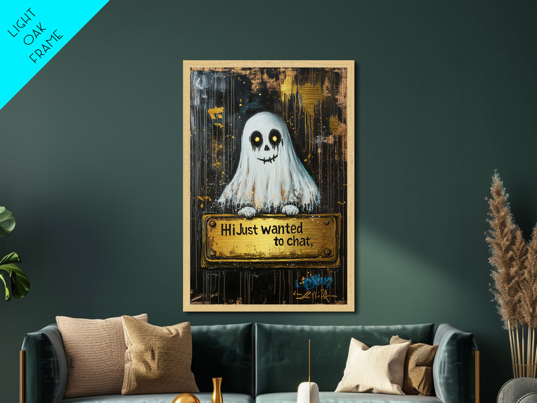 Spooky Ghost Greeting Wall Decor, Metallic Gold Art Metal Art with Natural Wood Frame, Halloween Haunted Gothic Artwork