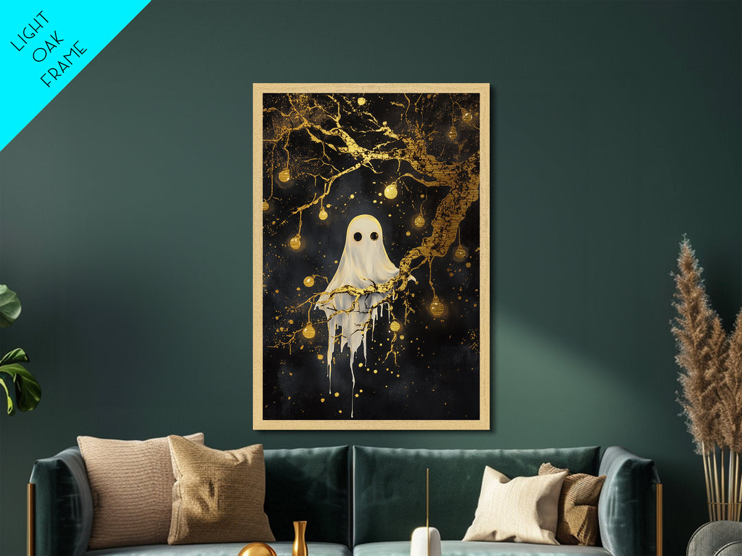 Haunted Tree Ghost Halloween Decor, Metal Art Metallic Gold Art in Real Wood Frame, Spooky Gothic Night Wall Hanging