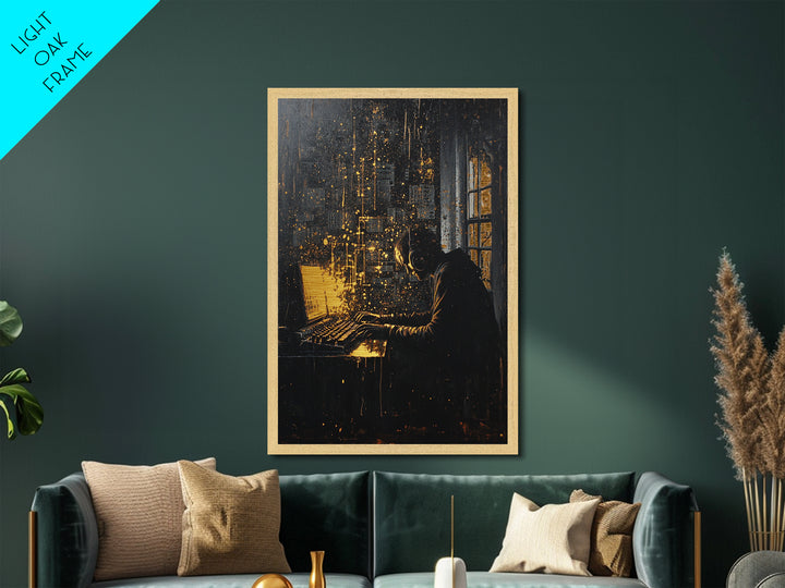 Dark Hacker at Computer Halloween Wall Art, Metallic Gold Art Metal Art Framed in Solid Wood, Spooky Tech Gothic Decor