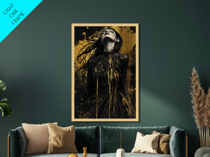 Dark Enchanted Woman Metallic Gold Art Metal Art Spooky Gothic Halloween Horror Wall Hanging framed with real wood