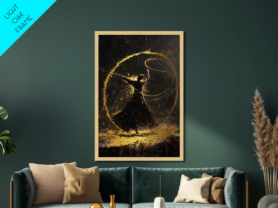 Witchy Dance Circle Halloween Painting, Metallic Gold Art Metal Art Framed in Natural Wood, Spooky Magical Gothic Artwork