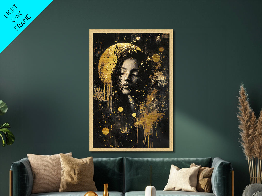 Moonlit Gothic Woman Halloween Portrait, Metal Art Metallic Gold Art in Real Wood Frame, Haunted Spooky Season Wall Decor