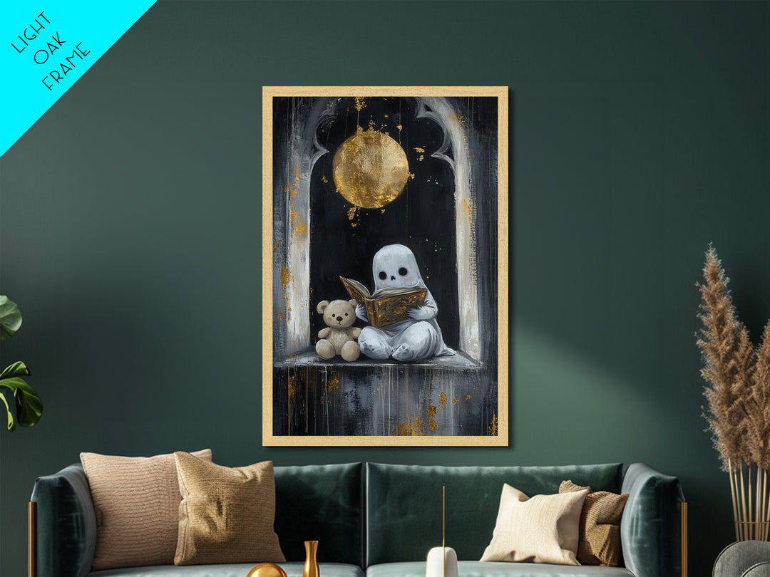 Cute Ghost Reading Book Halloween Print, Metallic Gold Art Metal Art with Wooden Frame, Spooky Nursery Haunted Wall Art