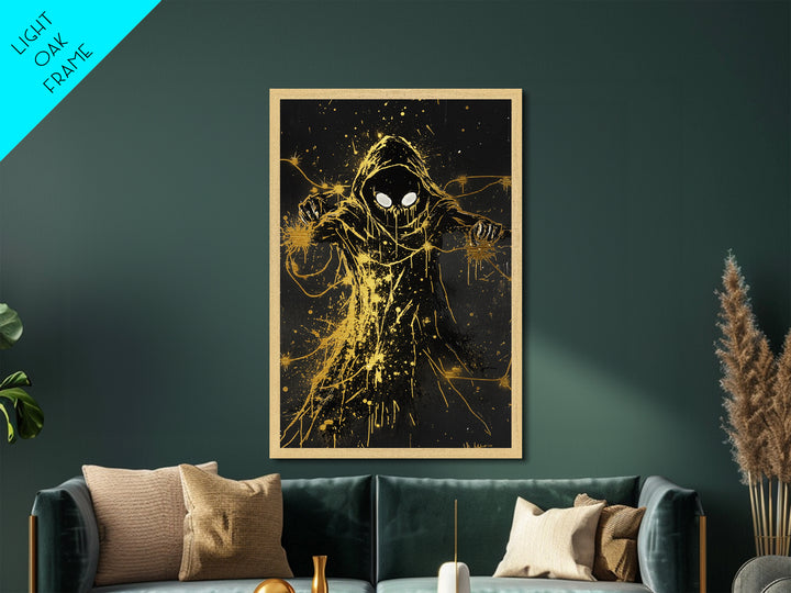 Hooded Reaper Halloween Wall Hanging, Metal Art Metallic Gold Art with Real Wood Frame, Creepy Spooky Haunted Gothic Print