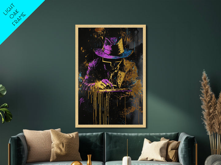 Neon Noir Detective Spooky Wall Art, Metallic Gold Art Metal Art Framed in Natural Wood, Halloween Gothic Cyberpunk Decor
