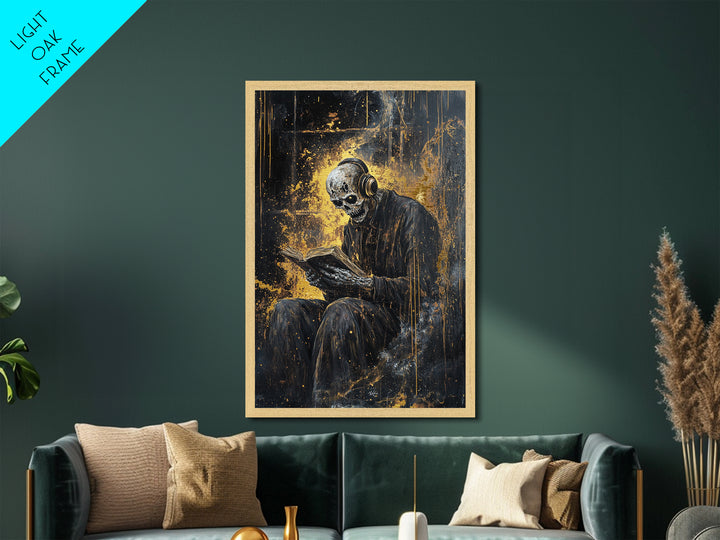 Skeleton Reading Book with Headphones Metallic Gold Art Metal Art | Gothic Spooky Halloween Wall Décor in Natural Wood Frame
