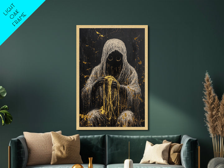 Creepy Hooded Figure with Threads Metallic Gold Art Metal Art | Haunted Gothic Halloween Wall Décor Framed in Solid Wood