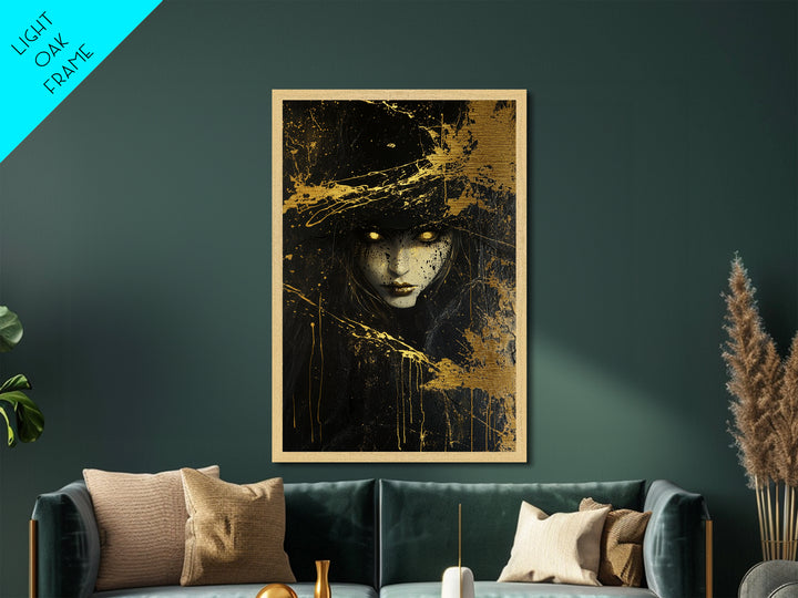 Golden Eyes Witch Metallic Gold Art Metal Art Spooky Gothic Halloween Horror Decor in authentic natural wood frame