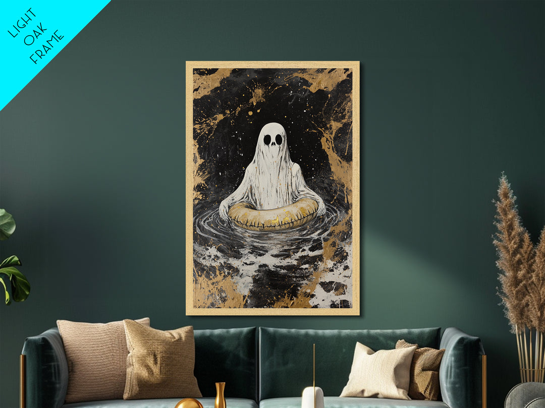 Ghost in Water with Inner Tube Metallic Gold Art Metal Art | Spooky Halloween Spirit Painting Gothic Horror Art with Wood Frame