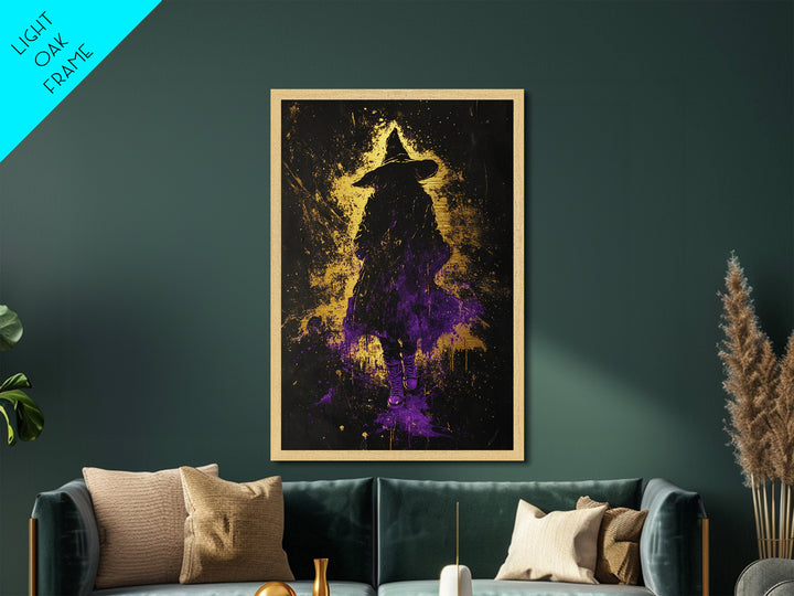 Witch Silhouette Metallic Gold Art Metal Art Spooky Season Gothic Halloween Horror Painting with rustic real wood frame