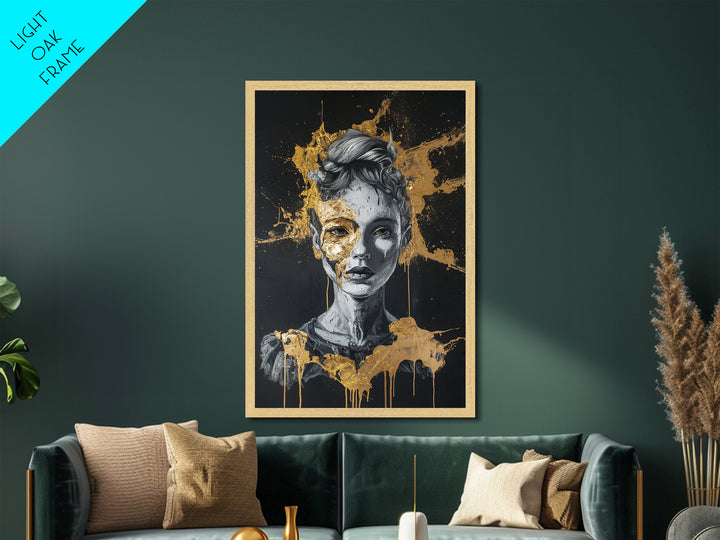 Broken Doll Portrait Metallic Gold Art Metal Art Creepy Gothic Halloween Wall Decor framed in authentic natural wood