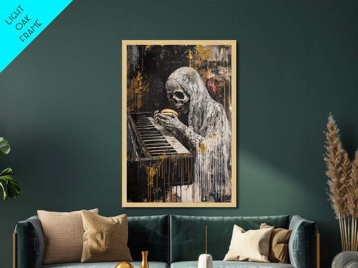 Skeleton at Piano Metallic Gold Art Metal Art Spooky Gothic Halloween Horror Wall Hanging in rustic real wood framing