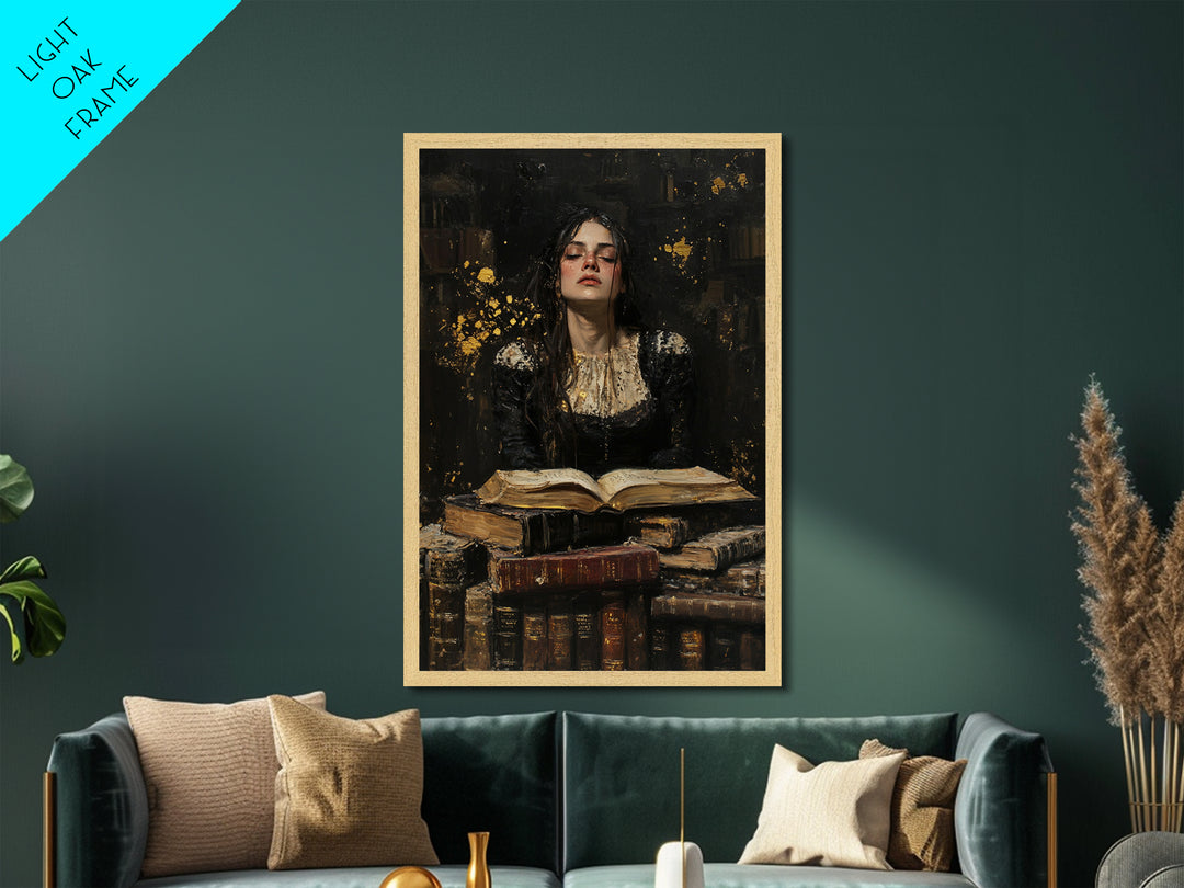 Halloween Sorceress Metallic Gold Art Metal Art Witchy Painting Framed In Real Wood Spooky Season Gothic Wall Hanging