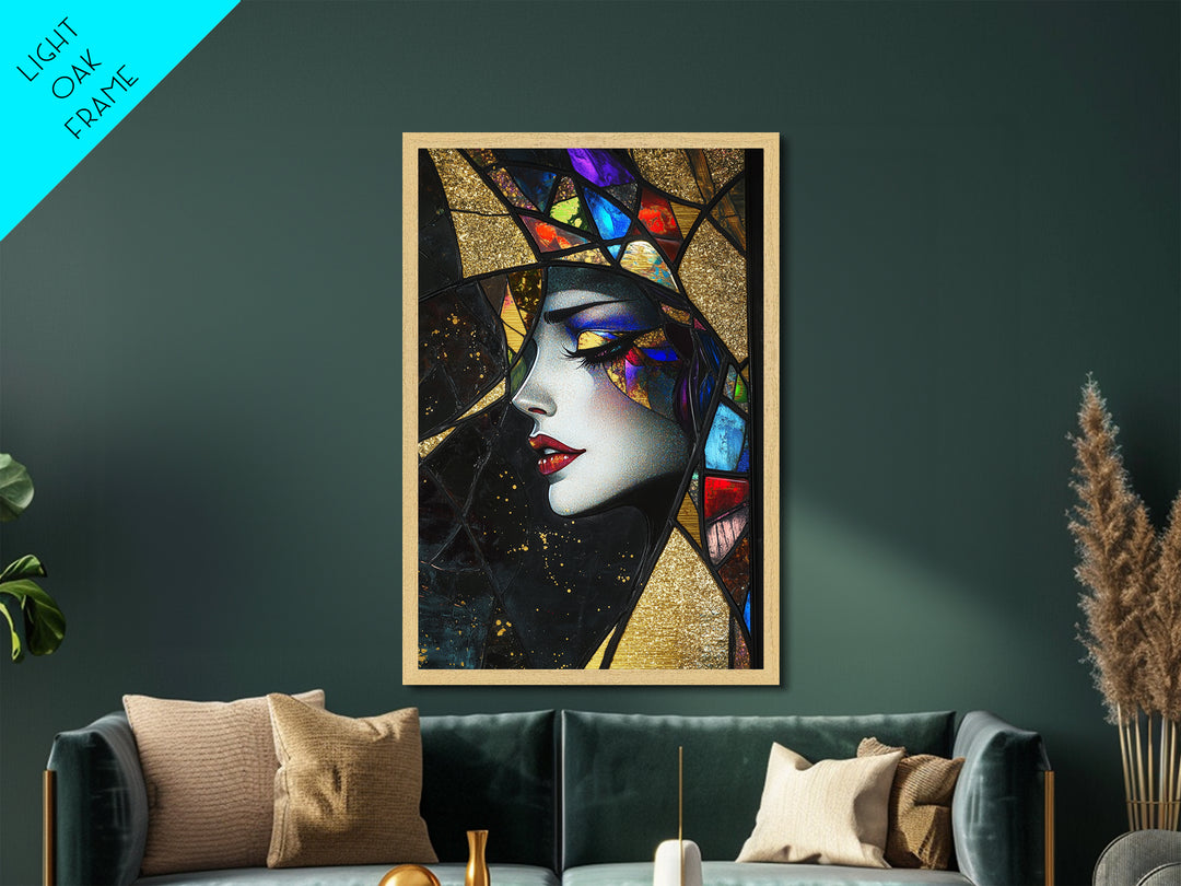 Stained Glass Witch Metallic Gold Art Metal Art Creepy Gothic Decor With Solid Wood Frame Halloween Spooky Wall Accent