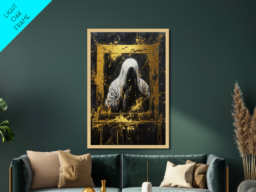 Ghostly Apparition Metallic Gold Art Metal Art Haunted Spirit Framed In Natural Wood Creepy Halloween Gothic Wall Decor
