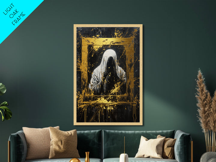 Ghostly Apparition Metallic Gold Art Metal Art Haunted Spirit Framed In Natural Wood Creepy Halloween Gothic Wall Decor