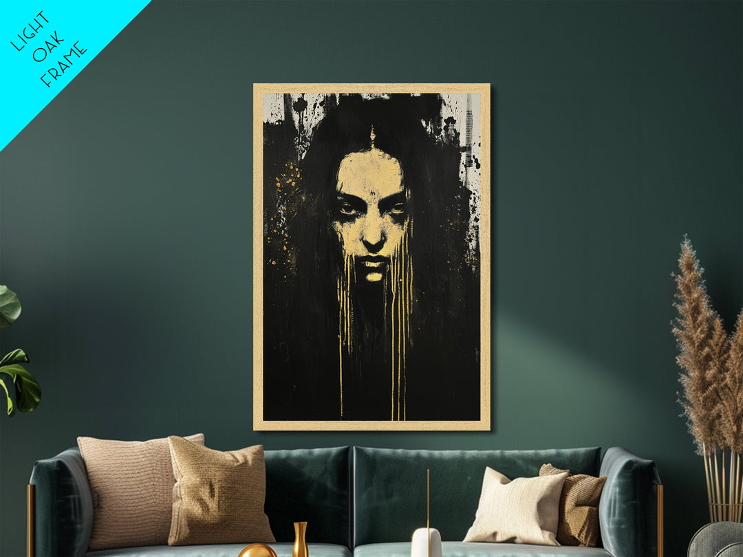 Gothic Horror Metallic Gold Art Metal Art Haunted Woman Portrait With Real Wood Framed Finish Spooky Halloween Wall Art