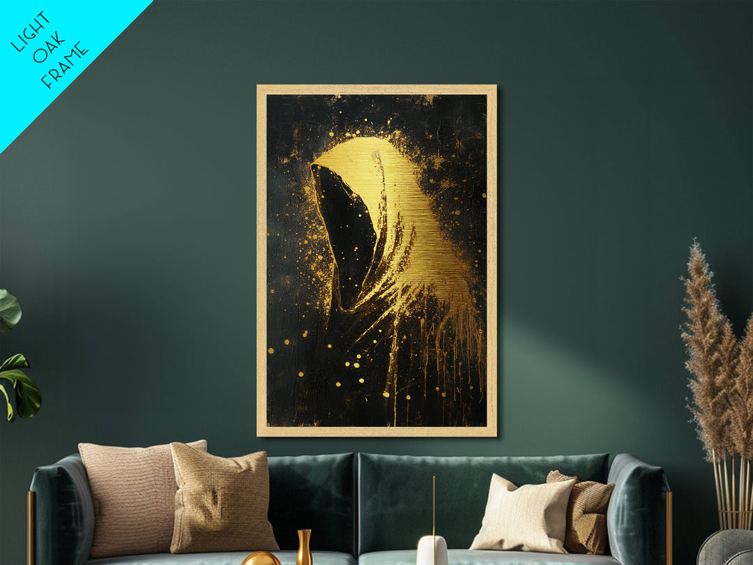 Creepy Hooded Phantom Aura | Horror Halloween Gothic Metallic Gold Art | Metal Art Wall Hanging With Real Wood Frame