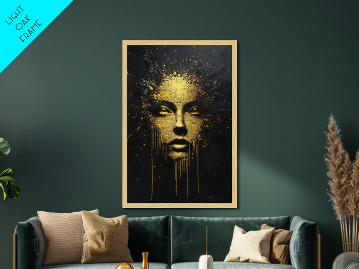 Golden Text Face Explosion | Spooky Horror Portrait Metallic Gold Art | Unique Metal Art Design Framed In Solid Wood