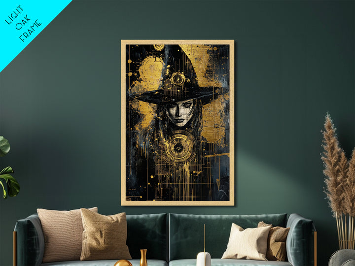 Witch In Gothic Hat With Symbols | Witchy Halloween Decor Metallic Gold Art | Intricate Metal Art Piece With Wood Frame