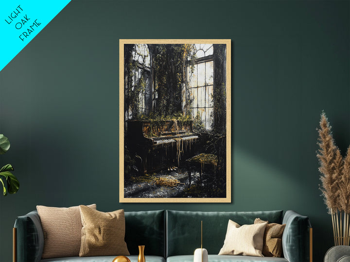 Haunted Abandoned Piano Room | Creepy Gothic Halloween Metallic Gold Art | Unique Metal Art Print With Framing In Wood