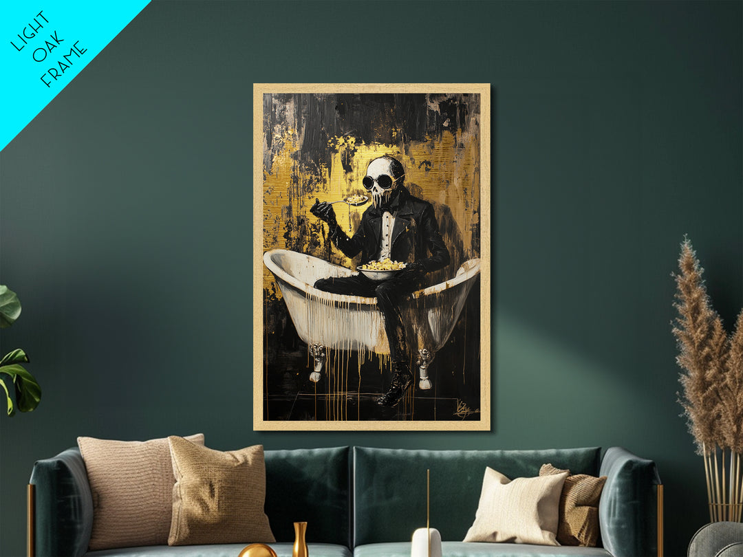 Skeleton Gentleman In Bathtub Eating | Dark Halloween Horror Metallic Gold Art | Macabre Metal Art Framed In Solid Wood