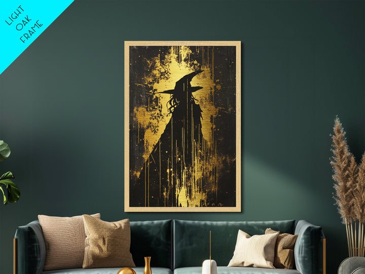 Witch Silhouette With Dripping Paint | Gothic Haunted Halloween Metallic Gold Art | Striking Metal Art Framed In Real Wood
