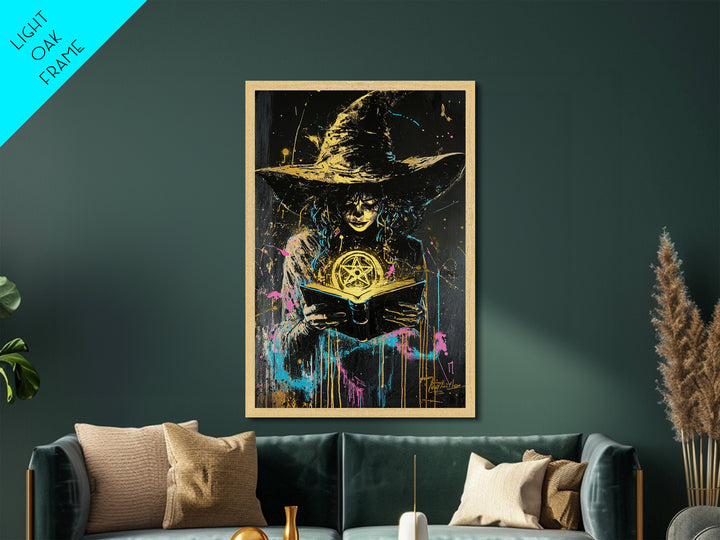 Witchy Spell Book Metallic Gold Art Metal Art | Spooky Halloween Wall Decor Framed In Real Wood For Gothic Home Style