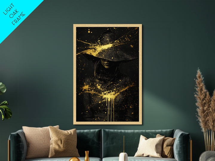 Haunted Witch Portrait Metal Art Metallic Gold Art | Creepy Halloween Wall Hanging With Natural Wood Frame
