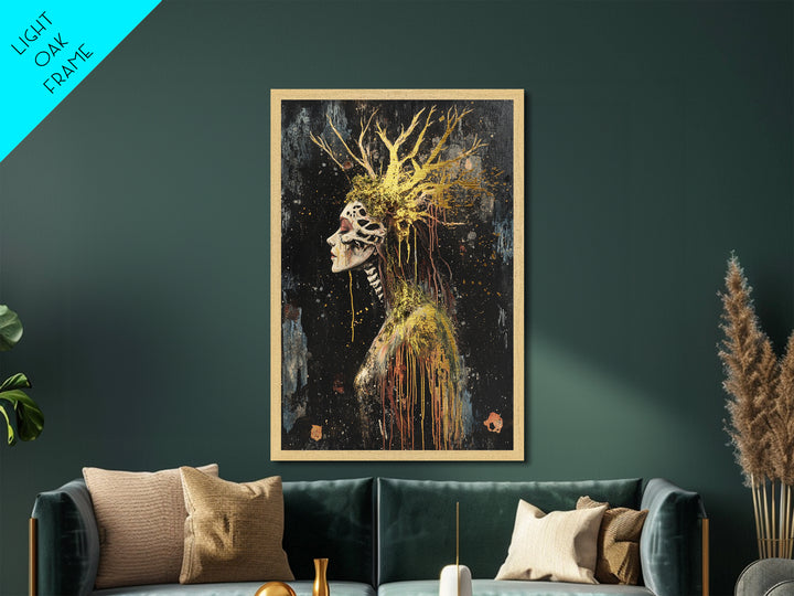 Skeleton Forest Queen Metallic Gold Art Metal Art | Gothic Halloween Decor With Real Wood Framing For Spooky Season