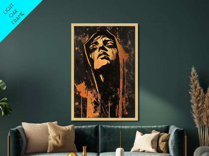 Blood Moon Hooded Woman Metal Art Metallic Gold Art | Dark Gothic Halloween Wall Decor Mounted In Real Wood Frame