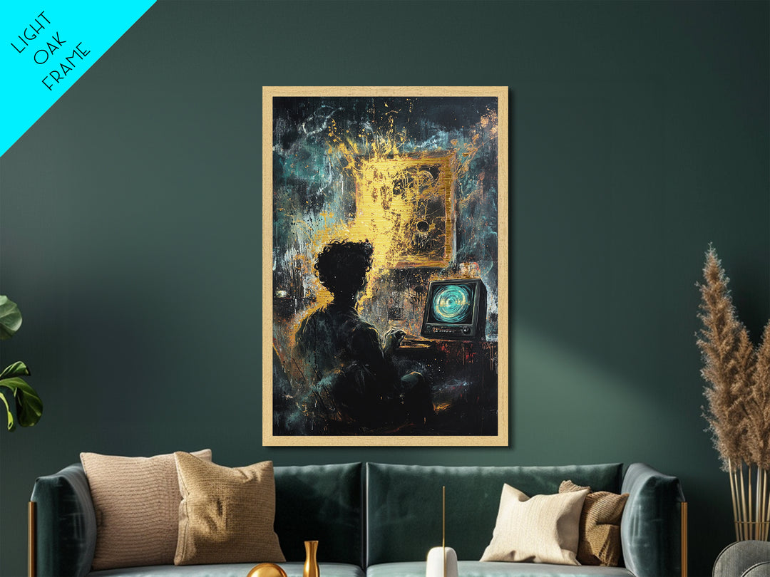 Haunted Screen Glow Metallic Gold Art Metal Art | Spooky Season Wall Hanging In Real Wood Frame For Halloween Home