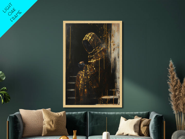 Haunted Hooded Figure Metallic Gold Art, Gothic Horror Metal Art with Pumpkin Bun, Framed in Real Wood for Spooky Halloween Decor